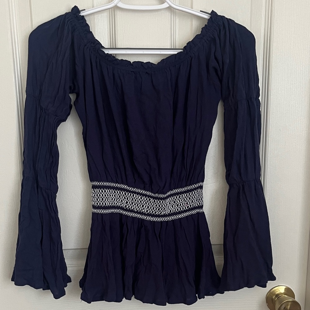 Double Zero Navy Blue Off-the-Shoulder Top with Bell Sleeves and Smocked Waist - Picture 4 of 4